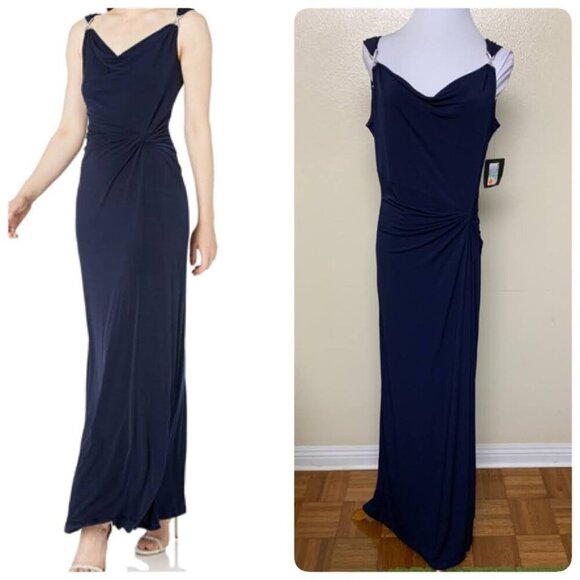 Ellen Tracy Jersey Knot Rhinestone Strap Maxi Long Black Tie Dress Sz 8 in Navy - Picture 1 of 11